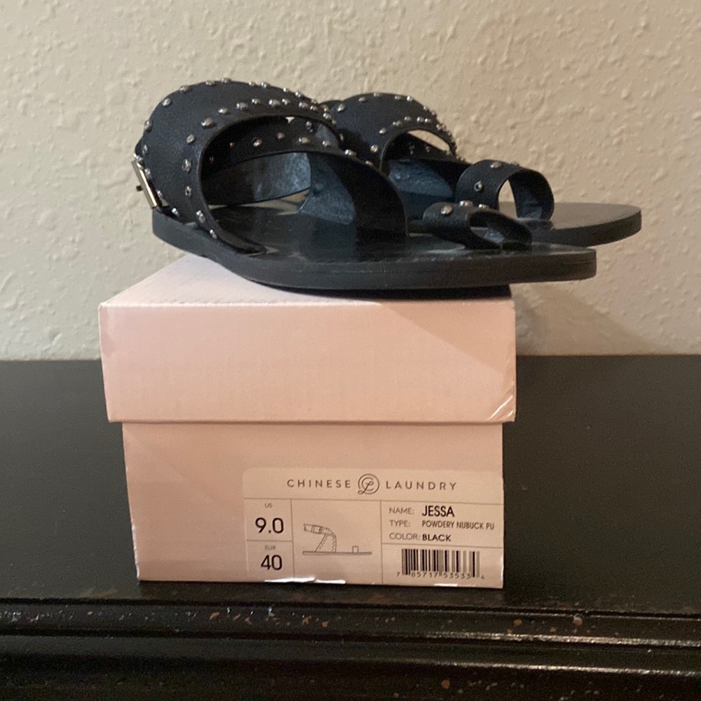 Chinese Laundry. Black wrap around buckle sandal. With rhinestones
